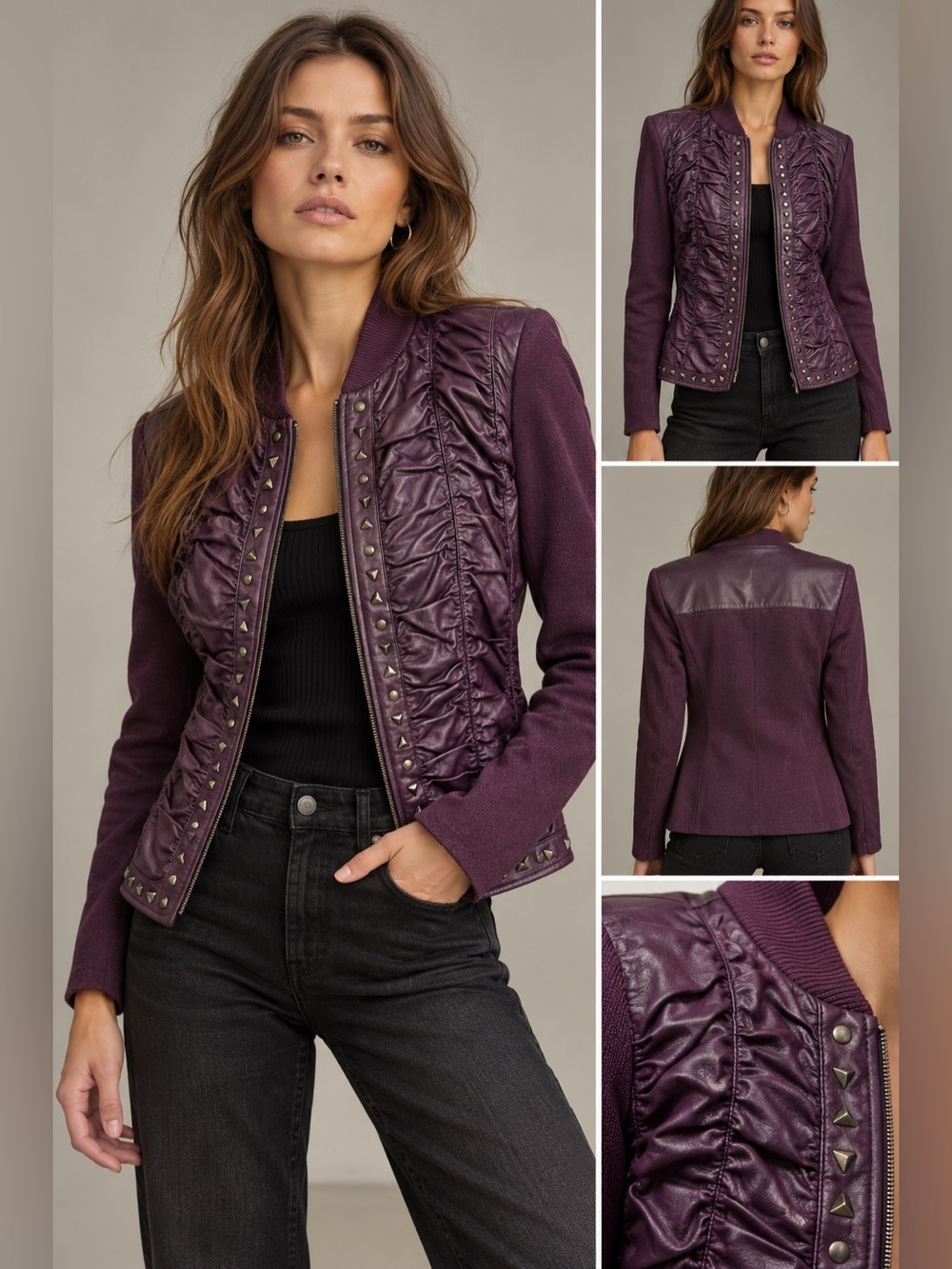 Peter Nygard Jacket Womens XL Purple Moto Ruched Studded Full Zip Lined